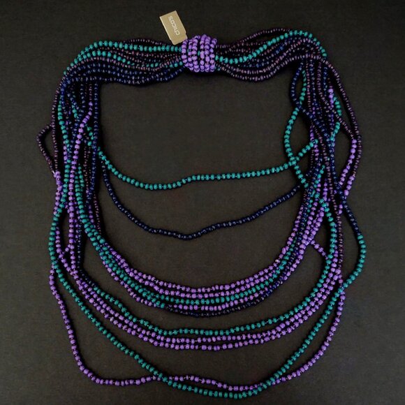 Green, shades of purple and blue layered multi strand beaded necklace - Picture 5 of 13